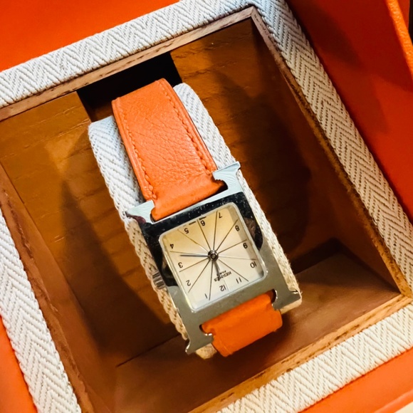 Hermes Heure H Orange Leather Watch With Box - Picture 7 of 7